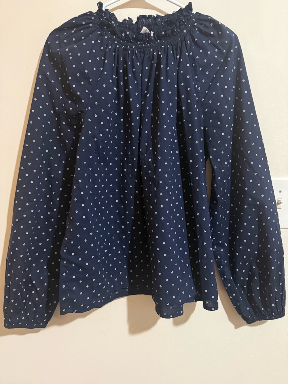 GAP Navy Blue Long-Sleeve Smocked Neck Polka Dot Blouse
